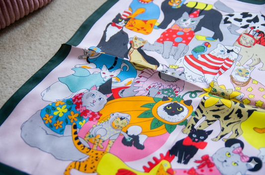 Seiden-Carré "Katzen-Karneval" – Farbenfrohes Seidentuch mit illustrierten Katzenmotiven (53x53cm)